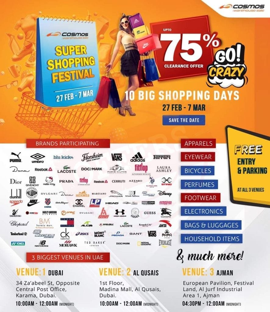 DISCOUNTS UP TO 75% ON BRANDS. Cosmos warehouse sale 